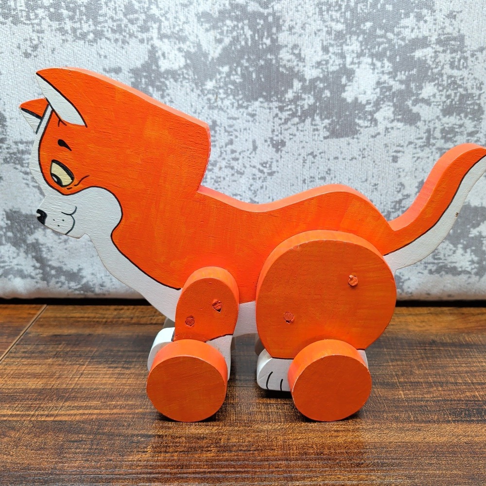 Vintage Handmade Wooden Fox Push Toy Orange White Hand Painted Folk Art